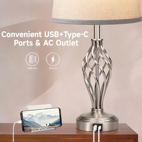 Ruiever Touch Table Lamps Set of 2, nightstand lamp with USB Ports Bedside 3 Way Touch dimmer Desk lamp for Living Room Bedroom,Nickel Spiral Cage Grey Shade, Warm White dimmer Bulbs Included.
