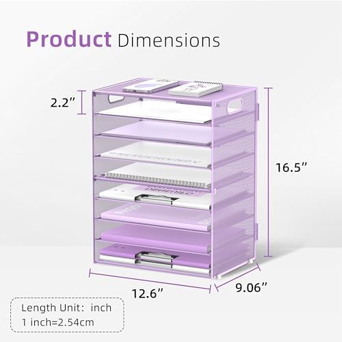 9-Tier Paper Organizer for Desk, Metal Letter Tray with Handles, Purple