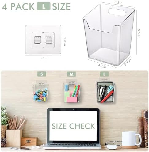 Clear Adhesive Wall Storage Bins, 4 Pack Cabinet Door Organizer Cups(Large)