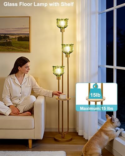 Lightdot Flower Glass Floor Lamp with Shelf Green Floral Gold Floor Lamps