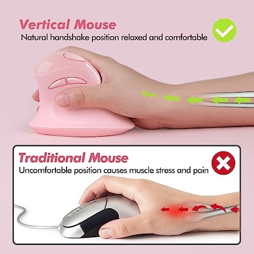 MicroPack Ergonomic Vertical Wireless Mouse, Silent Cordless Office Mouse with USB-A & Type-C Receiver, 800/1200/1600 DPI, 6 Buttons, Reduces Wrist Strain for Work, Windows, Mac, PC & Laptop Pink