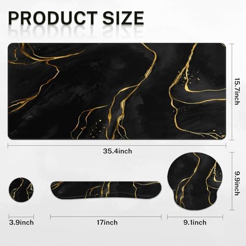 Britimes Keyboard Mouse Pad Set, 4 in 1 Desk Mat Set, Marble Black Gold