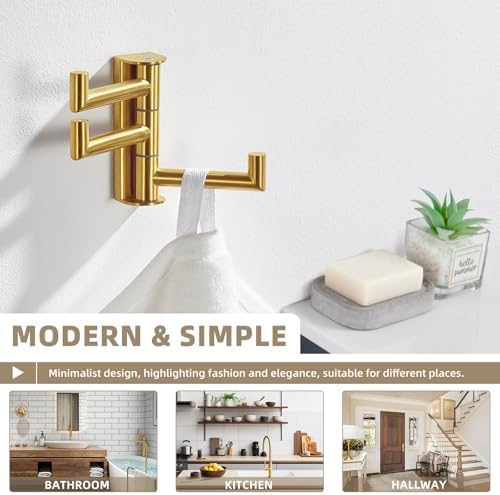 Suyar Brushed Gold Towel Hook, Bathroom Coat Robe Holder with 3 Swivel Arms