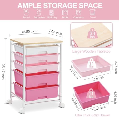 SYKIARIOL Utility Cart with Drawers,5 Drawers Storage Cart,Rose Pink