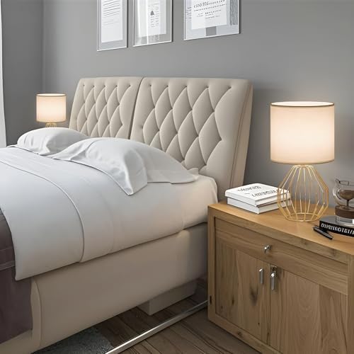 Brass Gold Table Lamp, Small Bedside Nightstand Lamp with White Fabric Shade, Metal Base Modern Geometric Desk Lamp for Bedrooms Living Room Office Kids Room