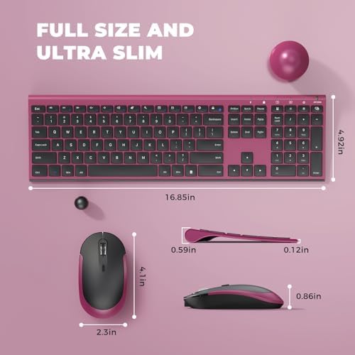 Vssoplor Wireless Keyboard and Mouse, Rechargeable Ultra Slim, Wine Red