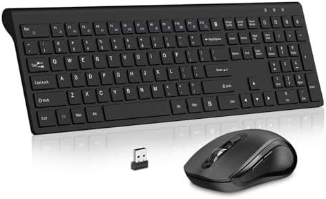Wireless Keyboard and Mouse, Slim Full Size Keyboard with Calculator Button, Fn Lock, Silent Computer Mouse with Side Button, 2400 DPI, 2.4G USB Cordless Set for Laptop PC Windows Mac -Black