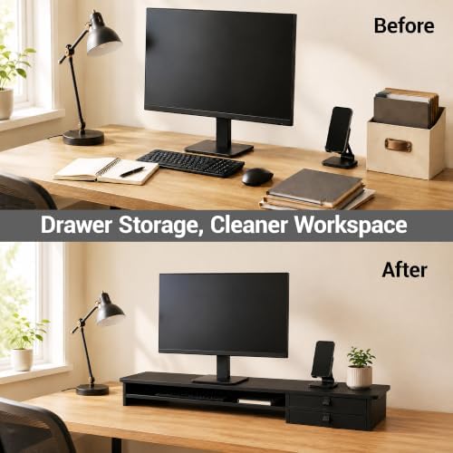 Dual Monitor Stand, 42.5 Inch Wood Monitor Riser with Drawers, 2 Tier Desktop Organizer for Computer Laptop TV, Large Screen Stand for Home Office Desk