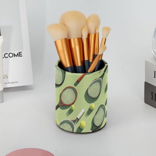 Leather Pen Holder for Desk, Tennis Balls Racket Painted Pencil Cup Pen Organizer Makeup Brush Holder for Office Home Kids Countertop Desk Accessory Storage