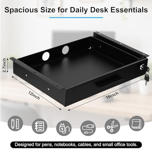 Menkxi 16'' x 12'' Under Desk Drawer Slide Out Storage Organizer, Lockable Metal Desk Drawer for Laptop and Office Accessories, Large Hidden Under Table Storage Box with Cable Management, Black