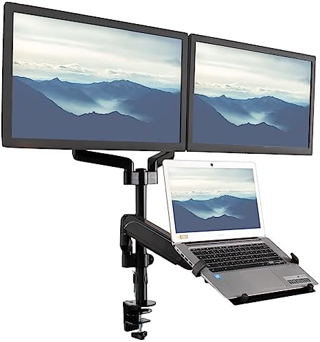VIVO Laptop and Dual 17 to 32 inch Monitor Pneumatic Arm Mount, Fits 2 Flat or Curved Computer Screens and 10 to 15.6 Inch Notebooks, Laptop Tray, C-clamp, Grommet Mounting Base, Black, STAND-V003KL