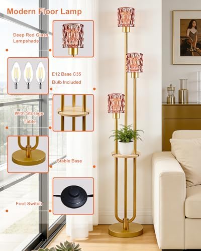 62IN Gold Floor Lamp with Deep Red Glass Shade 3-Lights Mid-Century Modern Farmhouse Floor Lamps with 3000K Warm White Bulbs, Tall Standing Lamp with 5Lbs Heavy Base for Living Room/Bedroom
