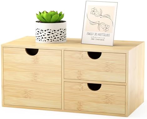 Bamboo Desk Organizer with Drawers, Desktop Storage Box for Office Supplies
