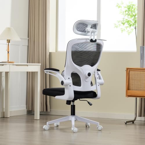 Ergonomic Office Chair with Flip-up Arms & Coat Hanger, White