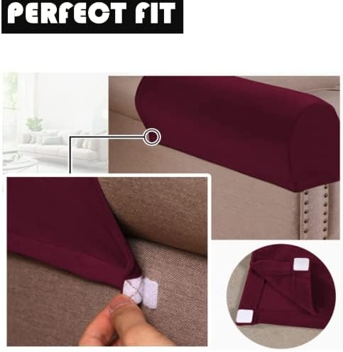 2 Pack Velvet Stretch Armrest Covers - Non Slip Sofa Chair Covers, Soft Elastic Arm Protectors for Living Room Couch, Office Chair, Recliner (Burgundy)