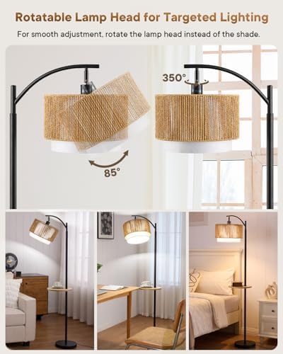 PESRAE Rattan Floor Lamp for Living Room, Farmhouse Arc Standing Lamp