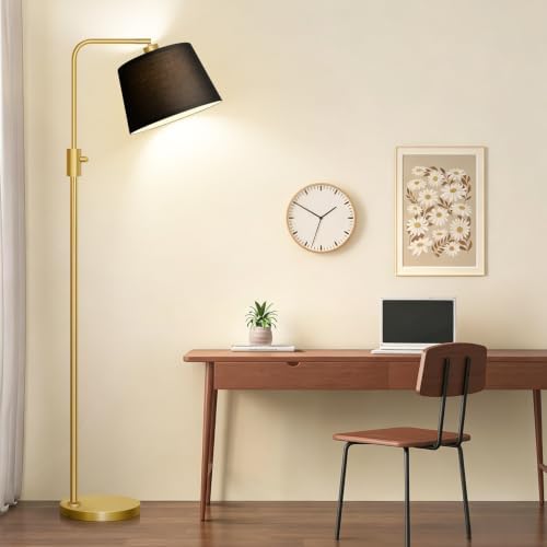 Nintiue Dimmable Gold Floor Lamp, 1000 LM LED Edison Bulb Included, Arc Floor Lamps for Living Room with Black Shade, Modern Standing Lamp Tall Lamps for Living Room Bedroom