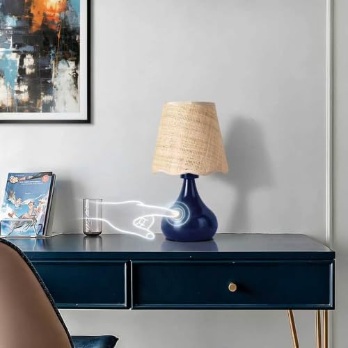 Ziqqeelam Navy Blue Small Table Lamp Touch Control, Farmhouse Bedside Lamps for Nightstand, Vintage Small Table Lamps for Small Spaces for Bedroom, Kitchen Counter, End of Table, Office