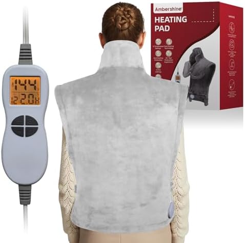 Ambershine 26"x35" XXXL King Size Neck& Shoulder& Back Heating Pad with 12 Temperature Settings& 4 Auto-Off Countdown Timers, Pain Relief for Back/Neck/Shoulder(Light Grey)