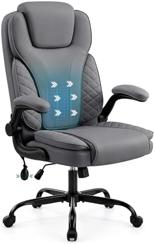 Ergonomic Office Chair, PU Leather High Back Executive Chair with Adjustable Inflatable Lumbar Support and Padded Flip-Up Arms, Recline Swivel Task Computer Chair for Home Office, Gray
