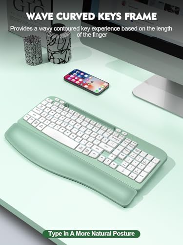 EAYBLLY 2.4G Wireless Ergonomic Keyboard, Full Size Wave Keys with Memory Foam Wrist Rest & 7.28in Phone Holder, USB-C Adapter Included for Windows Mac Chrome OS, Office or Home (Mint Green)