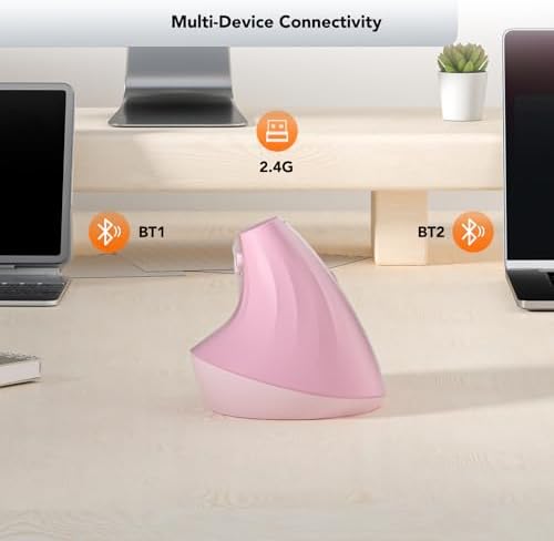 KYSONA EM18 Wireless Ergonomic Vertical Mouse, Ergo Design, Bluetooth Cordless Mouse for Medium/Large Hands, Silent Click, 5-Level Adjustable DPI, Carpal Tunnel Mice for Computer/PC/Mac/Laptop, Pink