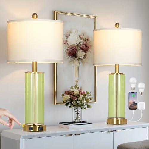 Ruzectt 26" Green Glass Table Lamps for Bedside, Modern Living Room Lamps Set of 2, Elegant Coastal Bedroom Lamp with USB A+C Ports & AC Outlet, 3-Way Dimmable Touch Lamp for Nightstand Dining Table