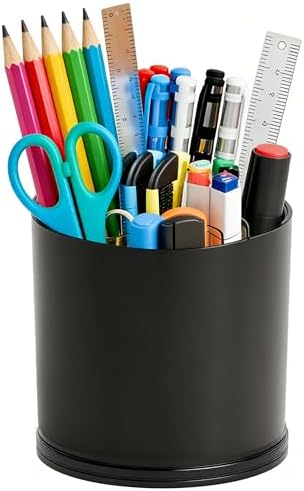 Yieach 360 Rotating Acrylic Black Pen Holders and Pencil Cups for Desk,Small Cute Desk Organizers Accessories and Makeup Brush Holder,Spinning Pencil Caddy School Supplies Organizer for Teacher,1PCS