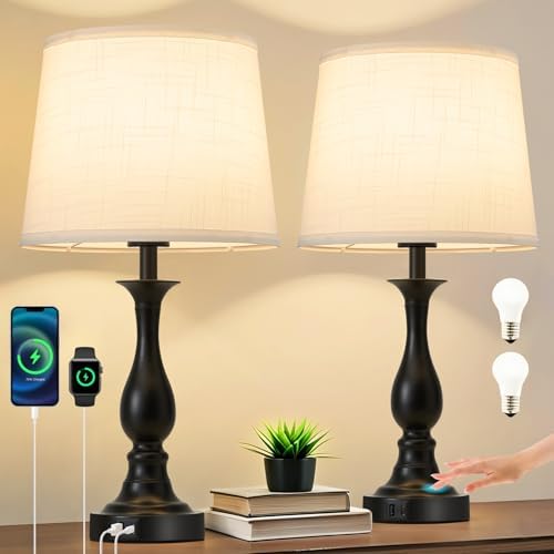 Bedside Table Lamp Touch Control Bedroom Lamps with USB A + C Charging Port 3 Way Dimmable Touch Lamps for Nightstand Living Room Bedroom Dorm Home Office Reading, Set of 2 (White Shade & Black Base)