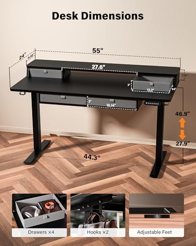 FiCiHi 55x24 Inch Electric Standing Desk, 4 Drawers, Adjustable Height Desk