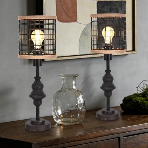 2 Pack Black Industrial Metal Mesh Table Lamp, 20" Tall Farmhouse Bedside Lamp with Burlap Trim, 5ft Brown Cord Rotary Switch, E26 Bakelite Socket for Bedroom Living Room