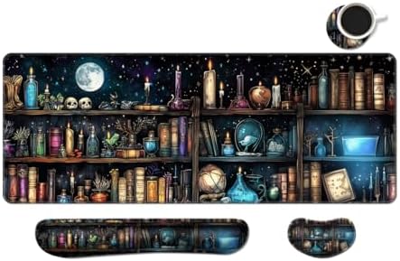 MIBITRI Keyboard Mouse Pad Set, Extended Gaming Mouse Pad+Ergonomics Keyboard Wrist Rest Support, Memory Foam, Easy Typing Pain Relief, 4Pcs XXL Ultra Thick Desk Mat, Enchanted Bookshelf