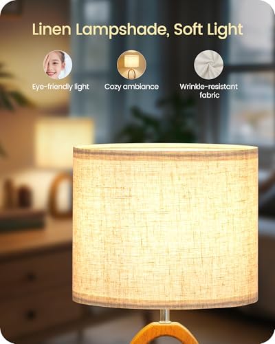 Small Table Lamp, 14.2" Cute Little Desk Lamp, Wood Bedside Lamp with Linen Lampshade, Modern Nightstand Lamp for Bedroom, E26 Base, Bulb Not Included, Beige and Dark Natural LE07TL05