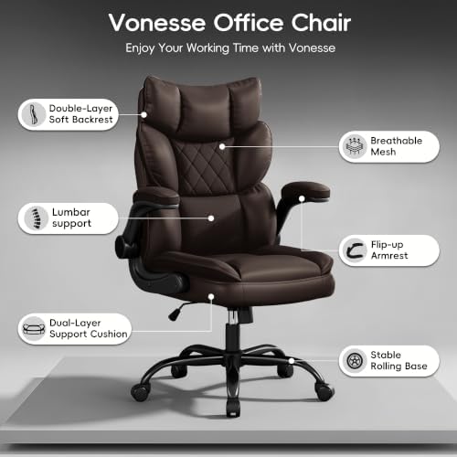 Vonesse Office Chair, Desk Chair with Flip-up Armrests, Gaming Chair with Double-Layered Soft Backrest,PU Leather Computer Executive Chair with Breathable Seat Cushion (Brown)