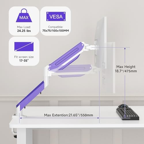 Suptek Monitor Mount Gas Spring Monitor Arm Desk Mount Fully Adjustable Fits 17 20 22 23 24 26 27 32 35 inch Monitors Weight Capacity up to 24.25 lbs (White+Purple, 17"-35")