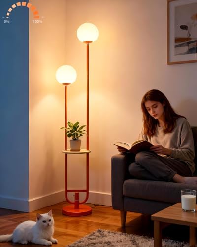 63IN 2-Globe Orange Floor Lamp Dimmable Tall Standing Lamps with Table 3000K Warm White Unique Modern Mid Century Floor Lamp with 5Lbs Heavy Base for Living Room Bedroom Home Office