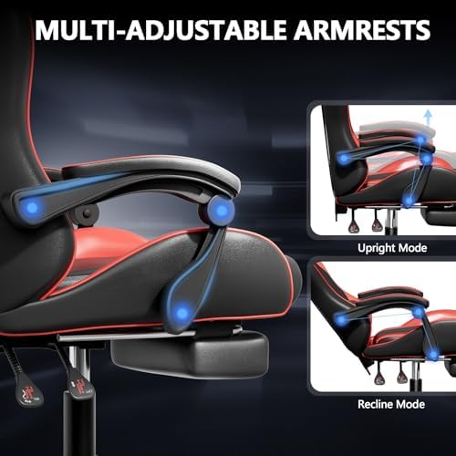 Mr IRONSTONE Red Gaming Chair with Footrest, Ergonomic High Back Gamer Chair with Massage Lumbar Support, Reclining Video Game Chair with Adjustable Headrest, Swivel Computer Desk Chair