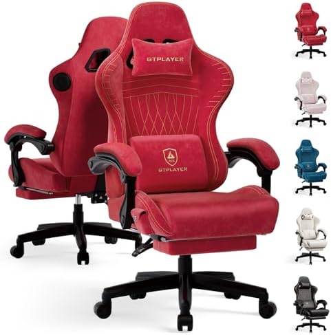 GTPLAYER ACE-PRO Music Gaming Chairs – Built-in Speakers, App Support & Bluetooth Control, Computer Game Chairs with Footrest for Adults, Ergonomic, Reclining, Linkage Armrest, Cherry Red 【Velvet】
