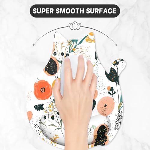 Ergonomic Mouse Pad with Wrist Rest, Cute Cat Memory Foam Padded Pain Relief Non-Slip Wrist Support Mouse Mat for Gaming Work Computer Laptop, Funny Office Supplies Desk Accessory, Cute Flower