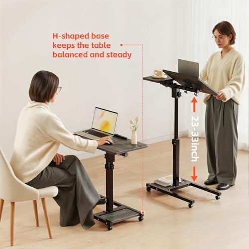 Furist Overbed Table with Wheels Adjustable Height, Mobile Standing Stand Up Rolling Laptop PC Desks with Tilting Top Height Tray Side Computer Workstation for Bedroom on Hospital Home Use, Black