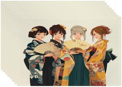 Batmerry Traditional Clothing Fan Art Placemats, Cultural Dress Hand Held Washable Linen Table Mats for Kitchen Table Double Insulation Decor Dining Set Indoor Outdoor 12X18 in Set of 8