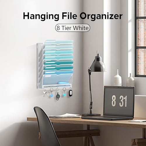 8-Tier Wall File Organizer and Mail Organizer with 5 Hooks, White