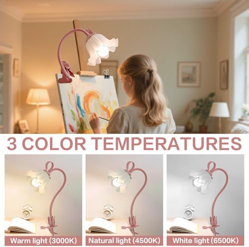 Clip On Light and Flower Bedside Table Lamp, Flexible Gooseneck Reading Book Light with 3 Color Modes, Night Light for Kids Nursery, Clip on for Desk, Bed Headboard, Dorm (Pink)