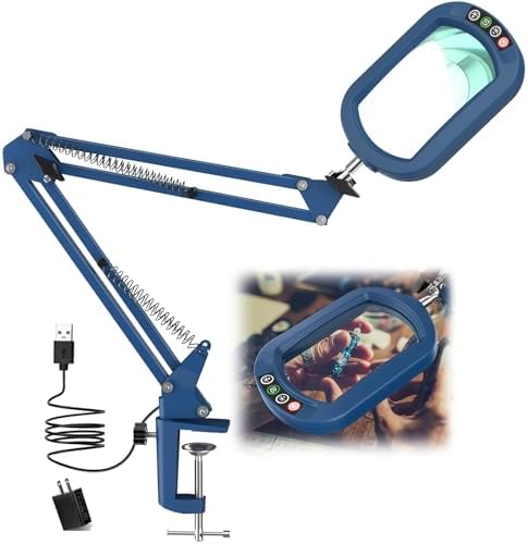 IVMAIE 12X Rectangle Magnifying Glass with Light, 5 Color Modes Stepless Dimmable Magnifier with Stand, LED Lighted Clamp Desk Lamp with Swing Arm, Hands Free for Reading Painting Close Work - Blue