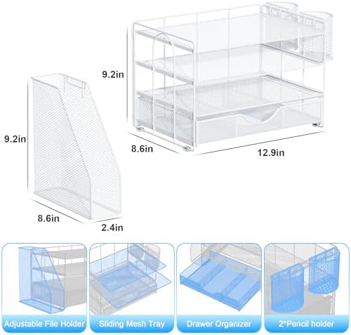 gianotter Desk Organizers and Accessories with File Holder, 4-Tier Desk Accessories & Workspace Organizers with Drawer and 2 Pen Holder, Paper Organizer for Office Supplies (White)