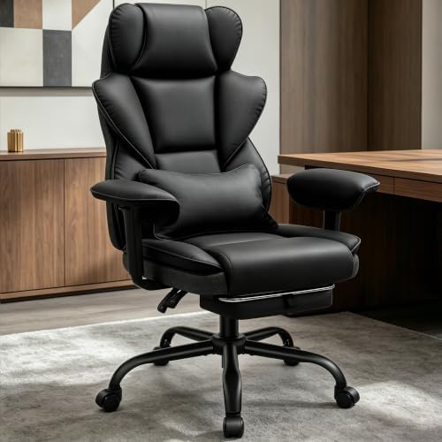 Office Desk Chair, Big and Tall Gaming Chair with Foot Rest, Ergonomic High Back Computer Chair with Soft Adjustable Armrests, Lumbar Support Pillow, Executive Leather Chair (PU, Black)