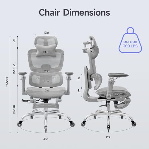 Office Chair with Footrest, Ergonomic Chair with 3D Headrest, Computer Chair with Adjustable Backrest & 6D Armrest, Gaming Chair with Adaptive Lumbar Support, Adjustable Seat Depth, Grey