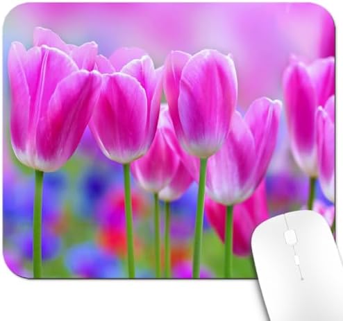9.5x7.9 Inch Office/Gaming Mouse Pad, Blossoming Pink Tulips Flowers in a Vibrant Garden Floral Art Cute Anti-Slip Mat for Desk