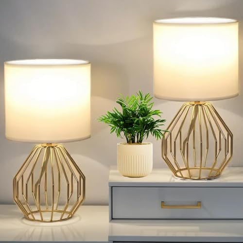 Small Gold Table Lamps, Set of 2 Bedside Nightstand Lamps with White Fabric Shade, Metal Base, Hollow Geometric Desk Lamps for Bedroom, Living Room, Office