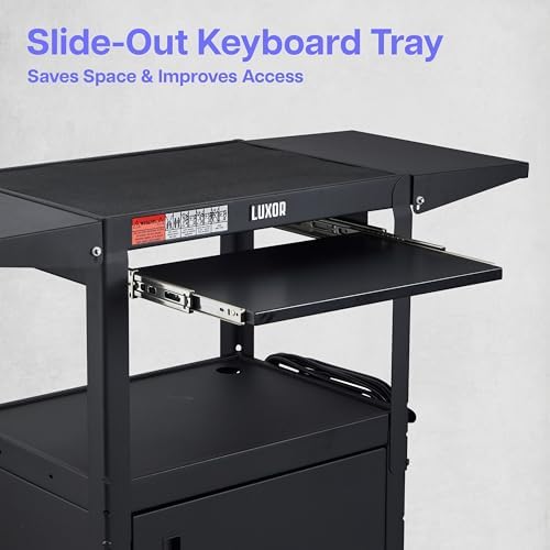 Leader Adjustable Height Rolling AV Cart, Mobile Workstation with Drop Leaf Shelves, Pullout Keyboard Tray, Locking Steel Cabinet, Power Strip for Classroom and Office Use (Black, 24-42 Inch)